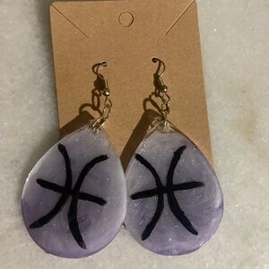 Pisces earrings handmade purple white glitter one of a kind stainless steal